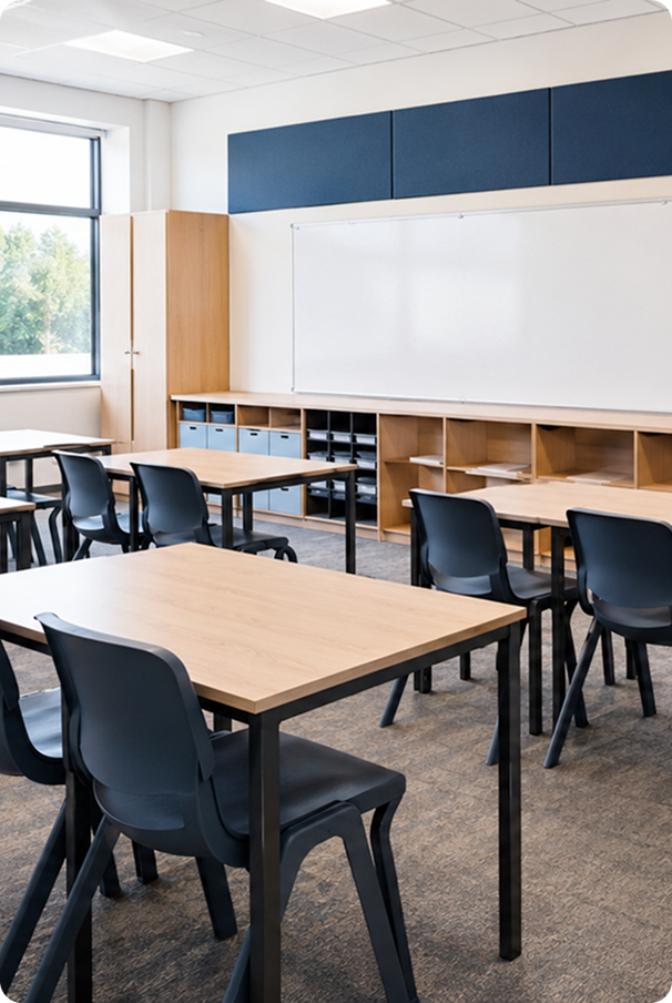 Clean, tidy school classroom with desks, chairs and whiteboard, maintained by Westline Facilities in London